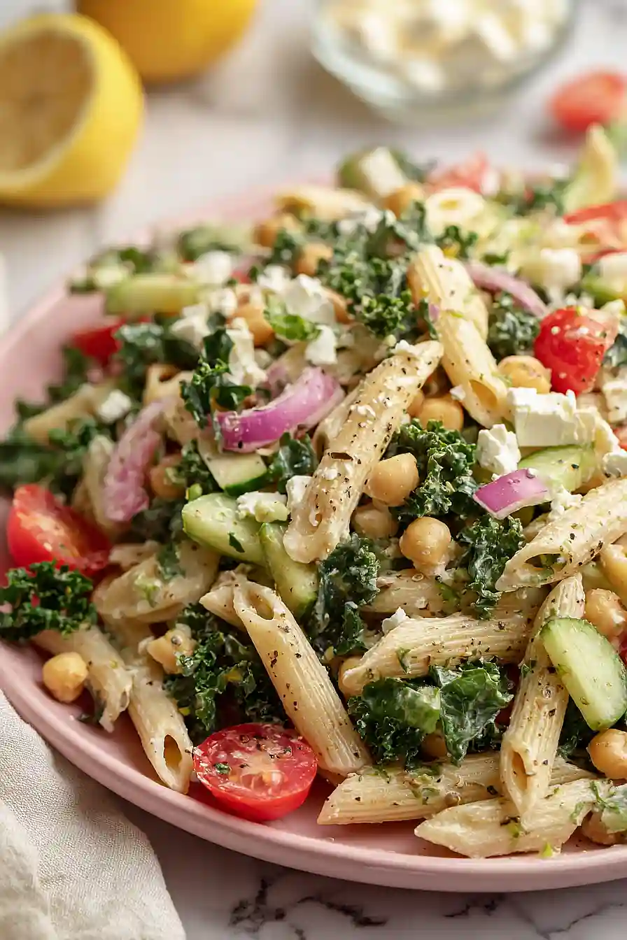 kale pasta salad with chickpeas