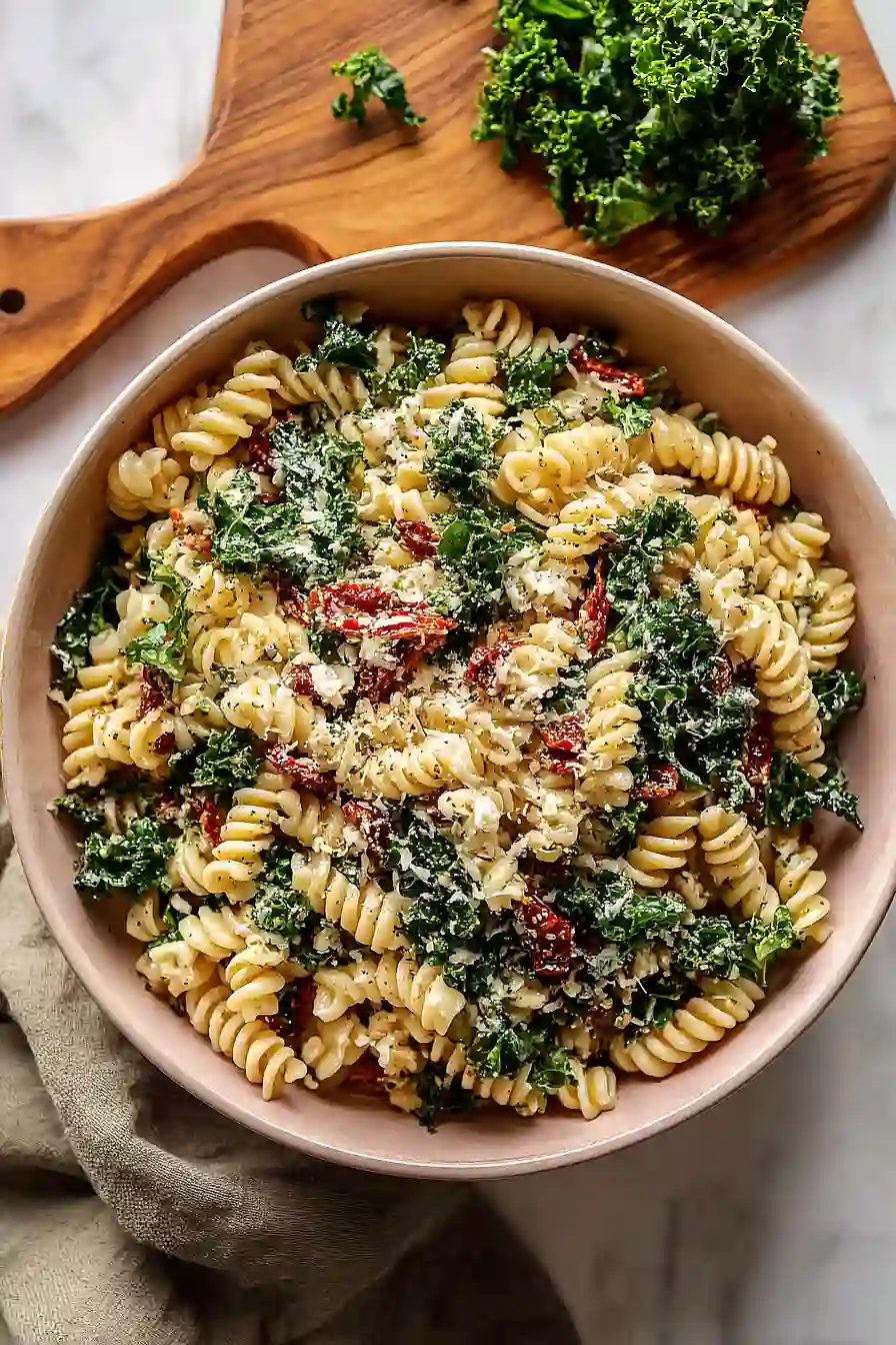 kale pasta salad with sun dried tomatoes