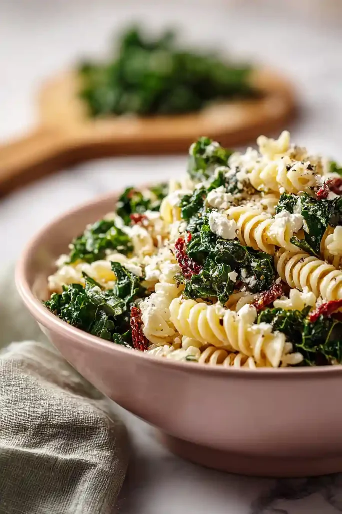 kale pasta salad with sun dried tomatoes