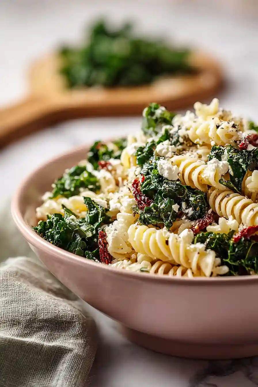 kale pasta salad with sun dried tomatoes